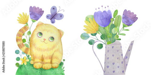 Wallpaper Mural set of hand-drawn compositions with a cat and stylized flowers in a watering can Torontodigital.ca