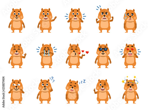 Set of cartoon hamster characters showing various emotions. Funny hamster laughing, surprised, crying, serious, dazed, sleepy, thinking, in love and showing other emotions. Flat vector illustration