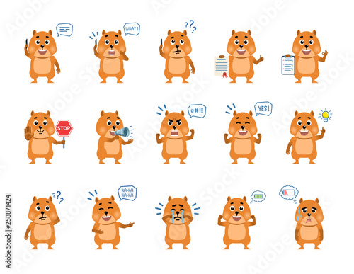 Set of cartoon hamster characters showing various actions, emotions. Funny hamster talking on phone, laughing, crying, holding document, clipboard and doing other actions. Simple vector illustration