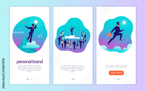 Vector mobile app interface concept design with man's personal brand theme. Victory metaphor for successful businessman. Landing page, UI site template design. Web banner, mobile app illustration.