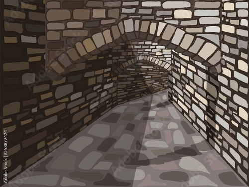 Medieval old street with a stone arch. vector illustration