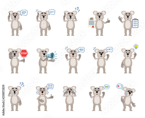 Set of cartoon koala characters showing diverse actions, emotions. Funny koala talking on phone, angry, surprised, holding loudspeaker, document and doing other actions. Simple vector illustration