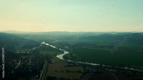 cernosice drone aerial flight vltava river farms train mountains village photo