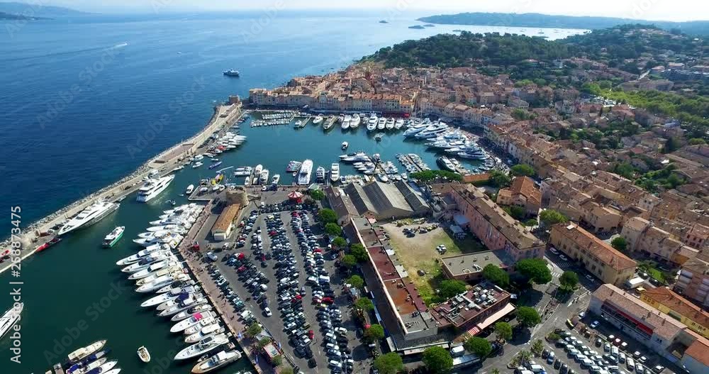 Aerial view of the old harbor of Saint-Tropez with luxury yachts Aerial view of the old harbor of Saint-Tropez with luxury yachts