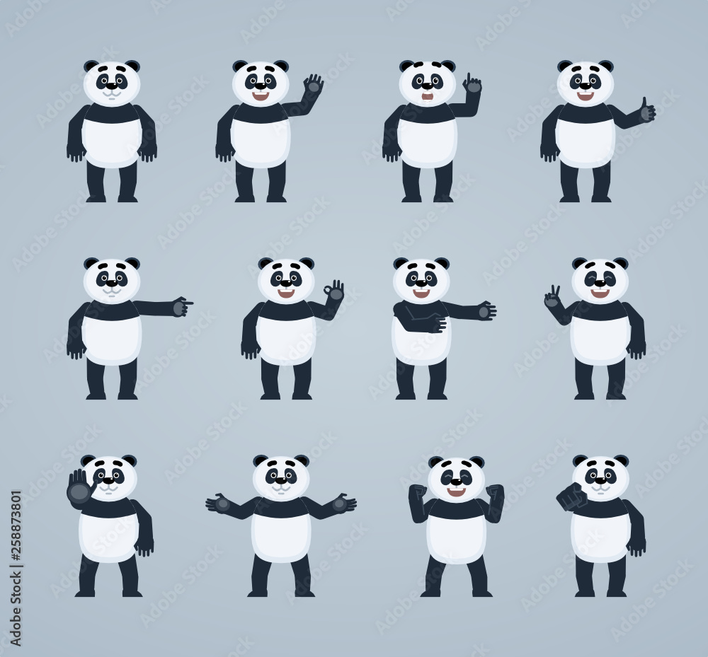Set of cartoon panda characters showing different hand gestures. Cheerful panda showing thumb up gesture, pointing, waving, greeting and other hand gestures. Flat vector illustration