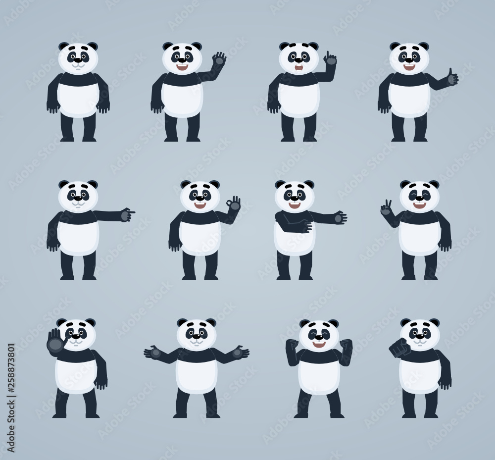 Set of cartoon panda characters showing different hand gestures ...