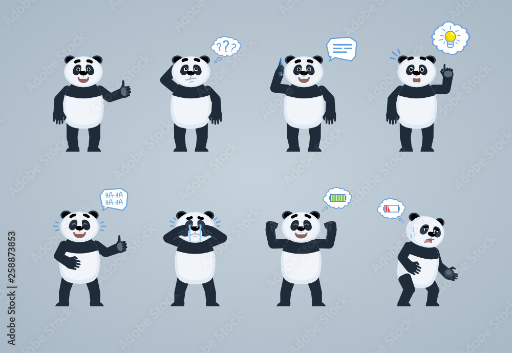 Set of cartoon panda characters posing in different situations. Cheerful  panda talking on phone, thinking, pointing up, laughing, crying, tired,  full of energy. Flat vector illustration Stock Vector | Adobe Stock