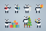 Set of cartoon panda characters posing in different situations. Cheerful panda holding gift, present, scroll, jingle bells, decorating Christmas tree, celebrating New Year. Flat vector illustration