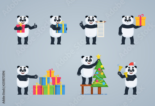 Set of cartoon panda characters posing in different situations. Cheerful panda holding gift, present, scroll, jingle bells, decorating Christmas tree, celebrating New Year. Flat vector illustration