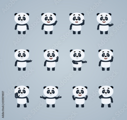 Fototapeta Naklejka Na Ścianę i Meble -  Set of cartoon baby panda characters showing different hand gestures. Cheerful panda showing thumb up, greeting, waving, pointing up and other hand gestures. Flat vector illustration