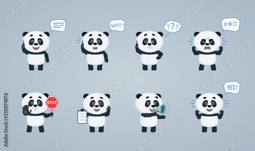 Set of cartoon baby panda characters posing in different situations. Cheerful panda talking on phone, surprised, thinking, angry, holding stop sign, loudspeaker, clipboard. Flat vector illustration
