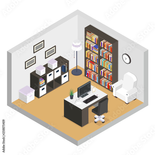 Working cabinet isometric modern furniture room cutaway flat design isolated concept vector illustration
