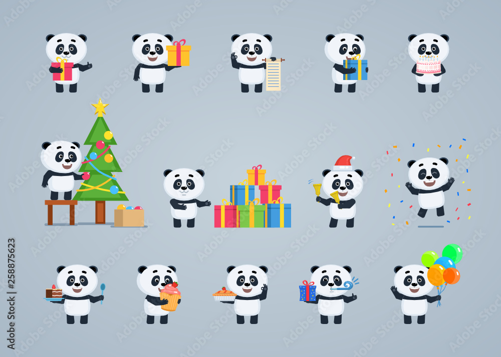 Big set of baby panda characters posing in different situations. Cheerful panda holding gift box, scroll, cake, balloons, decorating Christmas tree and doing other actions. Flat vector illustration