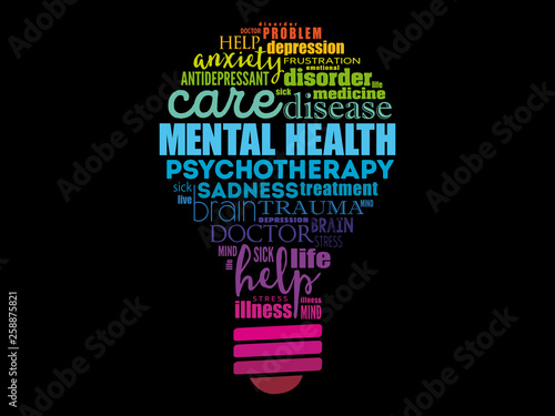 Mental health bulb word cloud, health concept background