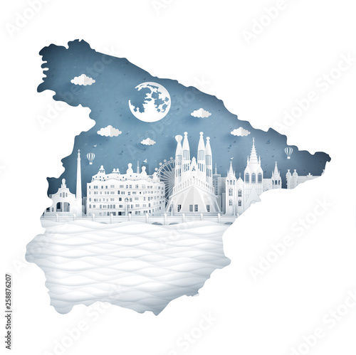 Spain map concept with flag and famous landmark for travel postcard and poster, brochure, advertising in paper cut style vector illustration 