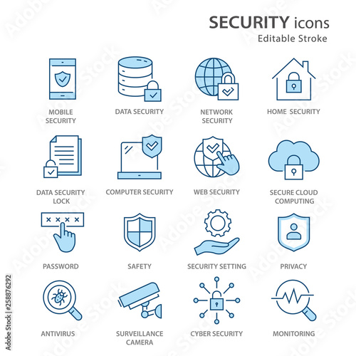 Security flat line icon set. Vector illustration. Editable stroke.