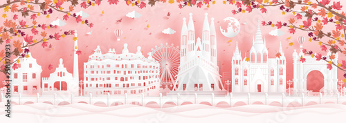 6 au barAutumn in Barcelona, Spain with falling maple leaves and world famous landmarks in paper cut style vector illustration
