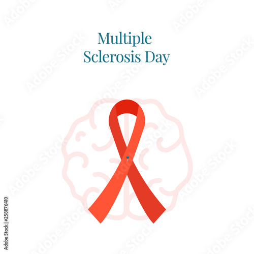 Multiple sclerosis ribbon awareness poster with an orange bow and brain silhouette on white background. Medical concept. Vector illustration.