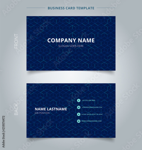 Business name card abstract cube pattern on dark blue background. Digital geometric lines square mesh.  Branding and identity graphic design.