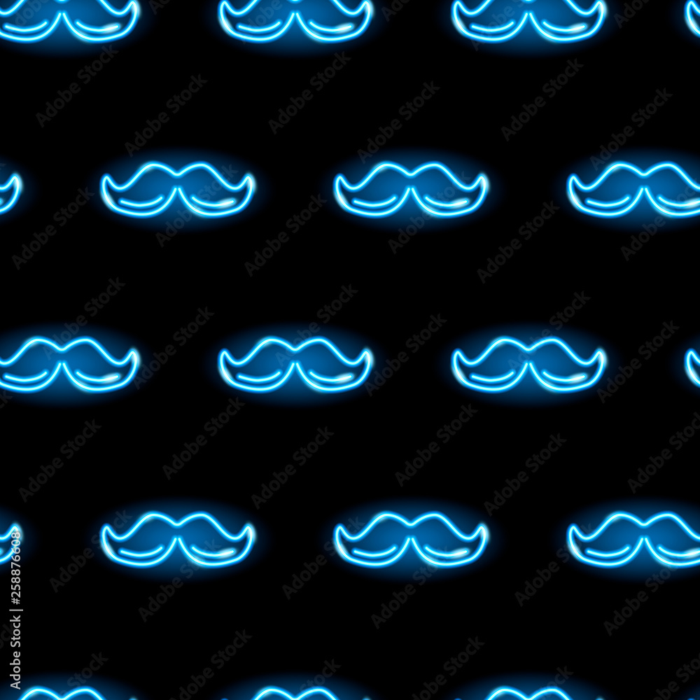 Seamless pattern with neon moustaches icons. Male or Fathers Day concept. Vector 10 EPS