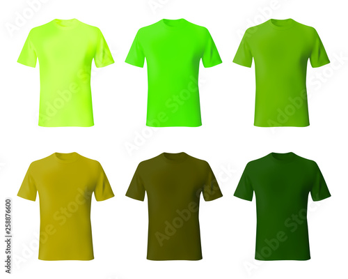 Shirt design template. Set men t shirt green, khaki color. Realistic mockup shirts model male fashion.