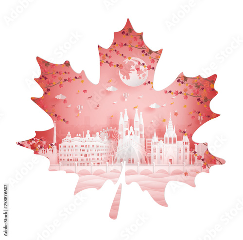 Autumn in Barcelona, Spain with maple leave style in season concept for travel postcard, poster, tour advertising of world famous landmarks in paper cut style. Vector illustration.