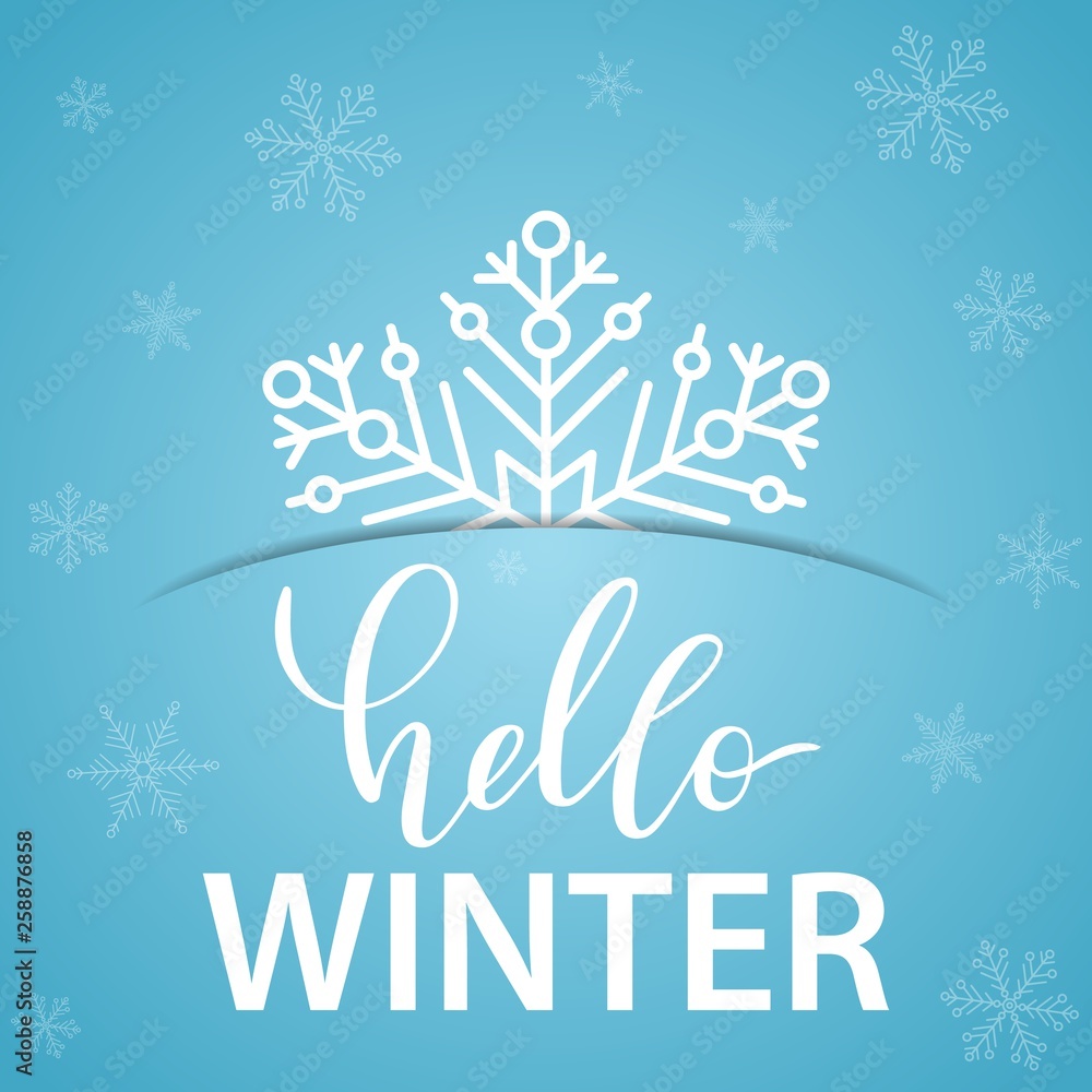 Hello Winter greeting card with hand lettering and white snowflake. Festive Xmas vector illustration for design, posters, cards, invitations, gift, greeting card. Hello Winter greeting card with hand lettering and white snowflake. Festive Xmas vector illustration for design, posters, cards, invitations, gift, greeting card.