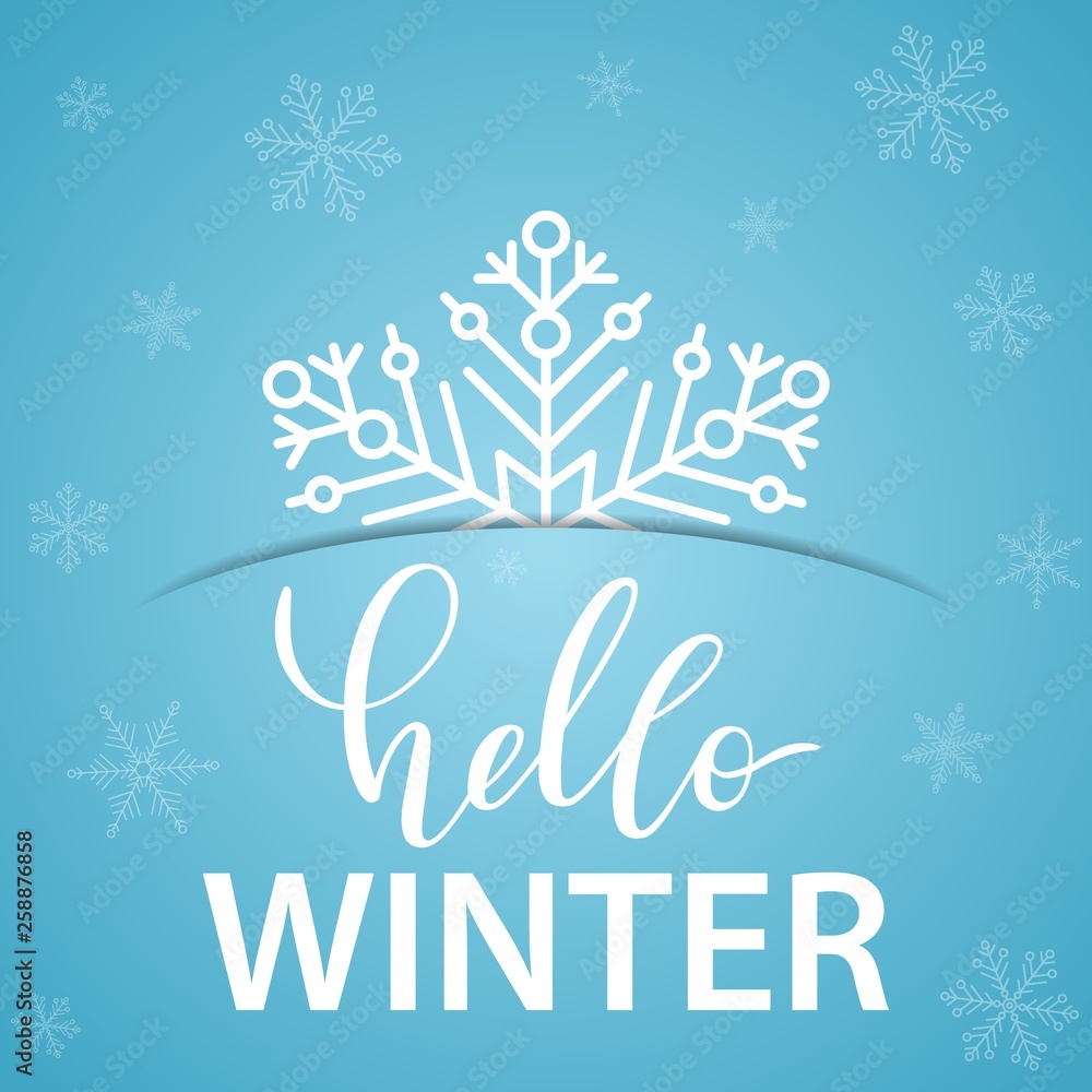 Hello Winter greeting card with hand lettering and white snowflake. Festive Xmas vector illustration for design, posters, cards, invitations, gift, greeting card.