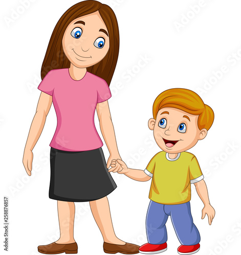 Cartoon mother holding her son's hand