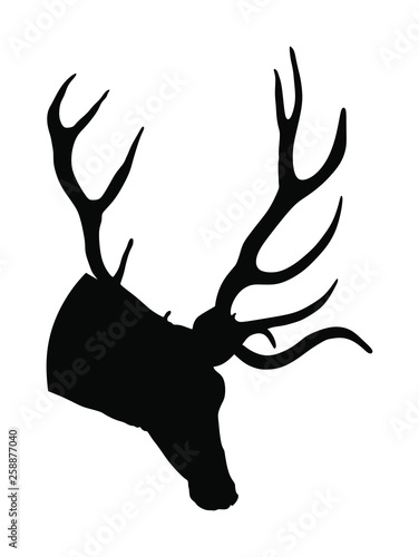 Deer head with antlers vector silhouette illustration isolated on white background. Reindeer, proud Noble Deer male trophy. Powerful buck, red deer. Hunter hunting  wild animal, symbol of male power.