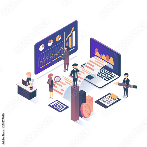 The concept of business auditing. Verification of accounting data. Financial report. Professional audit advice. Flat isometric style. 