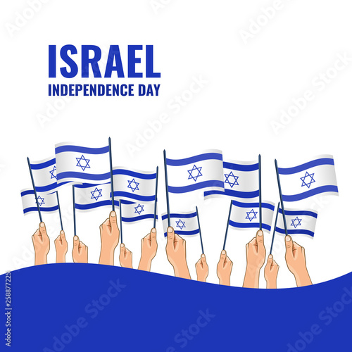 Vector Illustration on the theme Independence Day of Israel. Hands hold the flags of the country