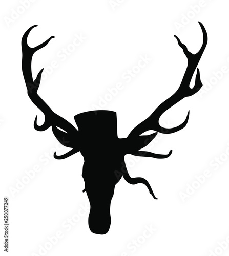 Deer head with antlers vector silhouette illustration isolated on white background. Reindeer, proud Noble Deer male trophy. Powerful buck, red deer. Hunter hunting  wild animal, symbol of male power.