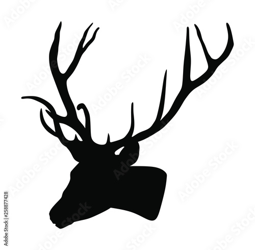 Deer head with antlers vector silhouette illustration isolated on white background. Reindeer, proud Noble Deer male trophy. Powerful buck, red deer. Hunter hunting  wild animal, symbol of male power.