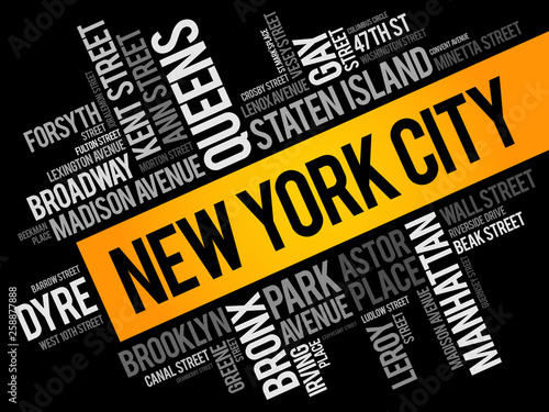 List of streets in New York City, word cloud collage, business and travel concept background
