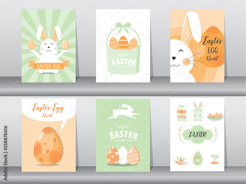 Fototapeta premium Set of Easter greeting cards,template,rabbits,eggs,cute,Vector illustrations 