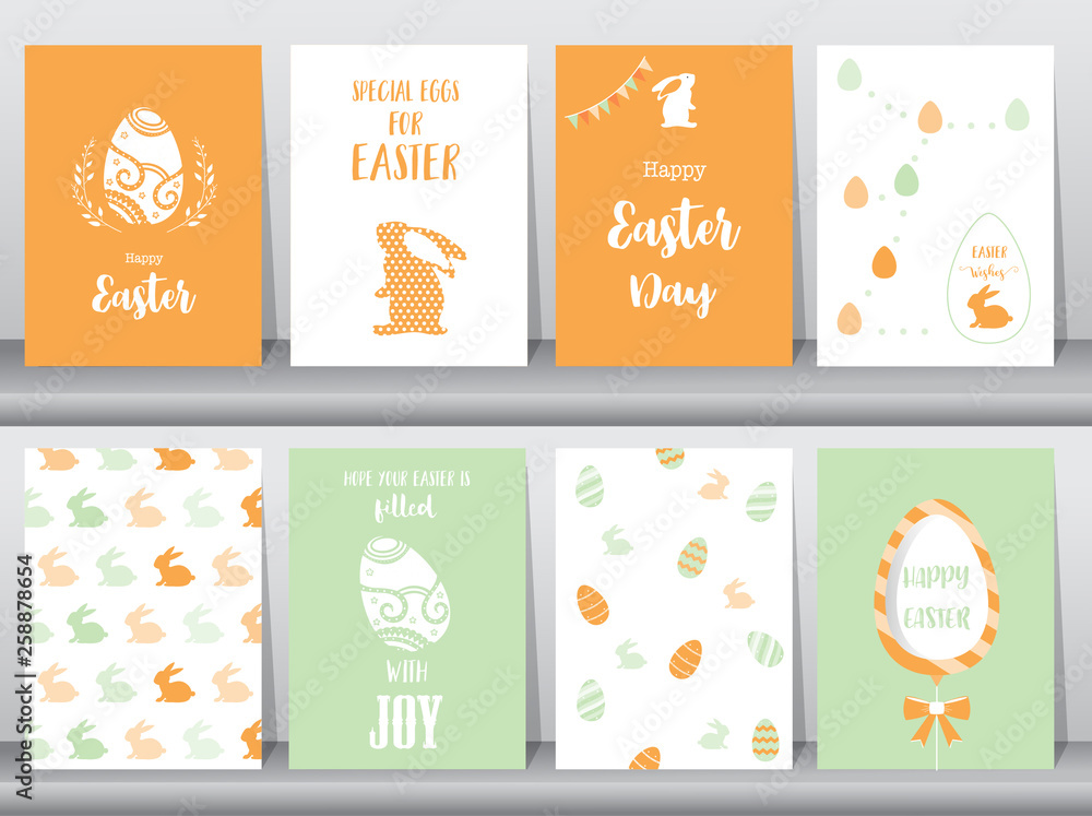 Set of Easter greeting cards,template,rabbits,eggs,cute,Vector illustrations 