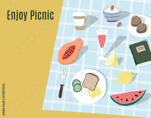 Hand drawn picnic background, invitation. Checkered plaid, blanket with wine bottle, lemons, watermelon and papaya fruit. Toasted bread with cheese and egg. Flat lay, top view. Retro design.