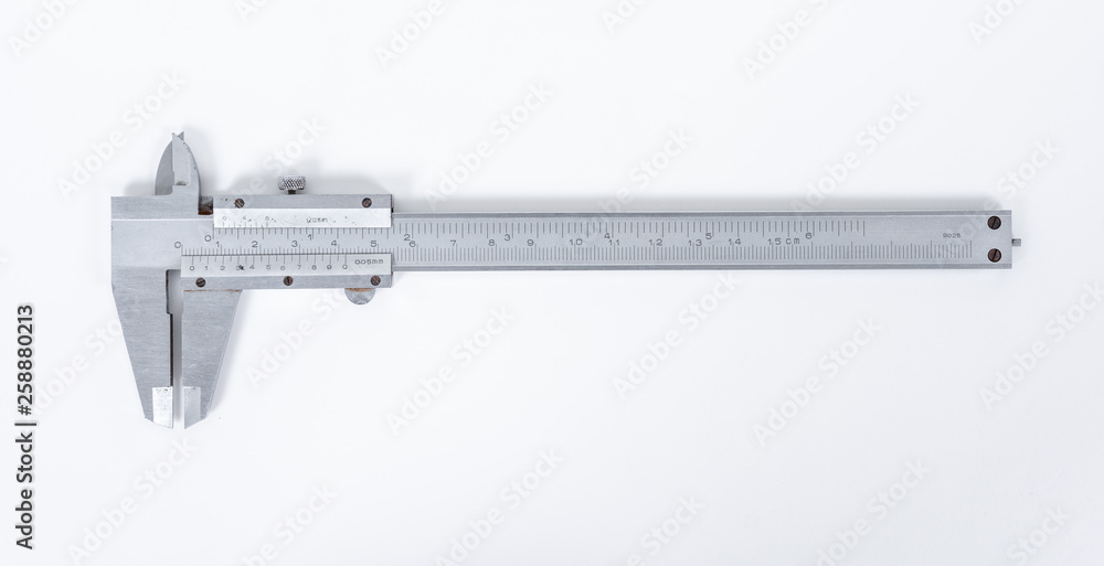 Vernier calipe or caliper. Precision measuring tools from silver steel.on a white background.. Vernier calipe or caliper. Precision measuring tools from silver steel.on a white background..