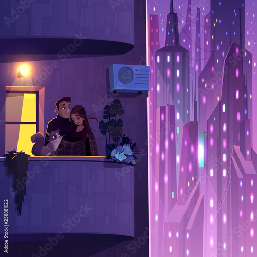 Comfortable living in modern multi-storey house cartoon vector with young couple with cat, covering shoulders by plaid, hugging each other and resting on balcony, futuristic skyscrapers on background