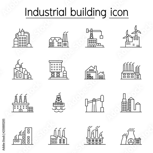 Industrial building, Factory, Plant icon set in thin line style