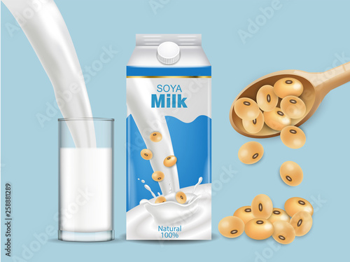 Soy milk mock up ads with splash Vector realistic. Milk box product placement. Label design. 3d detailed beans and wooden spoon blue background