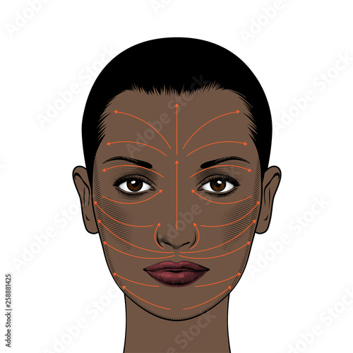 Anti aging treatment and plastic surgery concept. Beautiful young woman with red arrows over face. African American pretty girls. Black beauty concept. Female portrait. Vector Illustration 