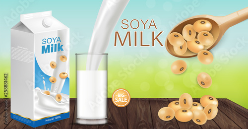 Soy milk mock up ads with splash Vector realistic. Milk box product placement. Label design. 3d detailed beans. Natural fields bokeh backgrounds