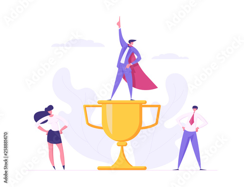 Business Team Spirit Creative Success Cooperation Concept with Proud Business people Characters with Gold Cup Prize. Banner for Website, Web Page, Poster or Wallpaper. Flat Vector Illustration photo