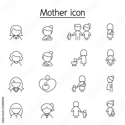 Mother and Woman icon set in thin line style