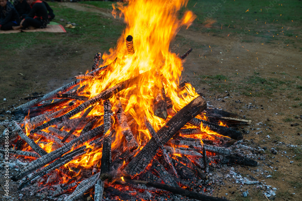 Naklejka premium Outdoor camp fire burning at blue hour or twilight