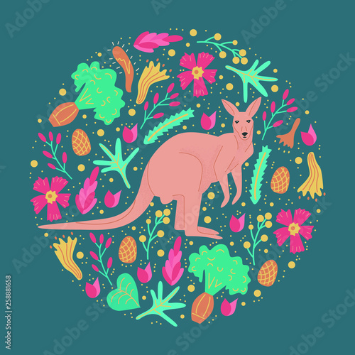 Set of abstact floral shapes and australian animal kangaroo in circle in flat style. Dark colorful bright card with plant: leaves and flowers on black background. Vector illustration