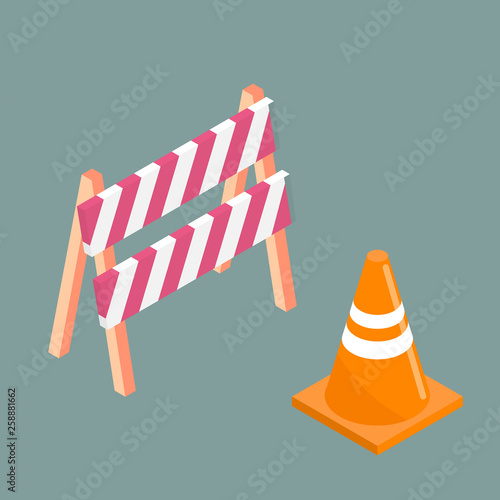 Traffic cone and barrier board. Vector isometric illustration. Sign for road repair.