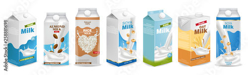 Milk boxes set Vector realistic. Collection of regular milk, oats, soy, rice and almond milk. Realistic 3d illustration sets